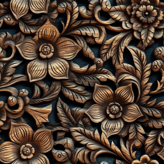 Es gibt eine Nahaufnahme einer Holzschnitzerei mit generativen Blumen