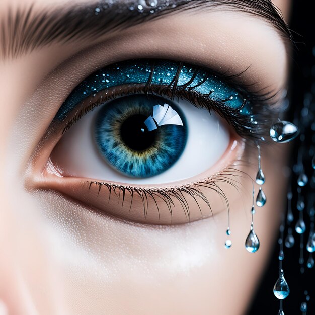 Es gibt eine Nahaufnahme eines Auges einer Person mit Wasser