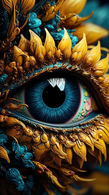 Es gibt eine Nahaufnahme eines blauen Auges mit goldenen Verzierungen für generative KI