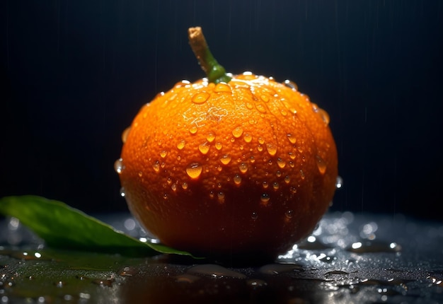 Es gibt eine Orange mit Wassertropfen darauf, die auf einem Tisch sitzt.