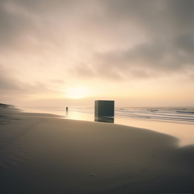 Es gibt eine Person, die bei Sonnenuntergang am Strand spazieren geht