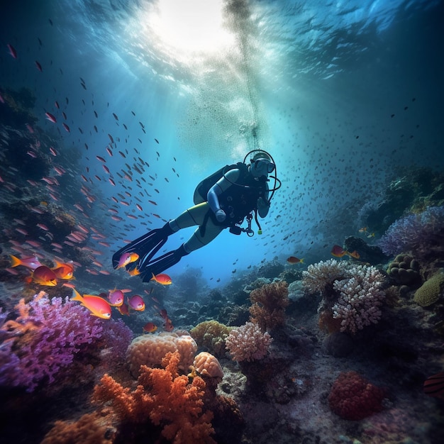 Es gibt eine Person in einem Tauchanzug, die im Ozean schwimmt.