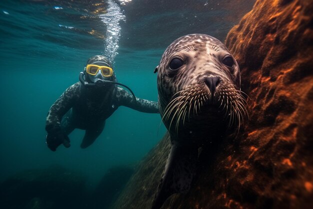 Foto es gibt eine robbe mit schutzbrille, die neben einem mann schwimmt.