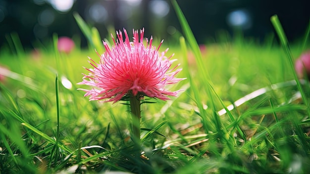 Foto es gibt eine rosa blume auf dem grünen gras, verwenden sie filterfotografie dadaismus 64k hdr