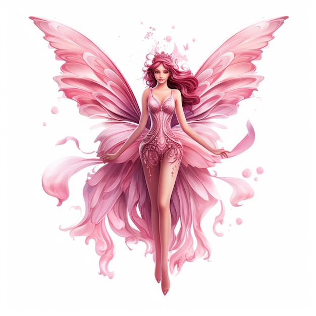 Es gibt eine rosa Fee mit einem rosa Kleid und Flügeln
