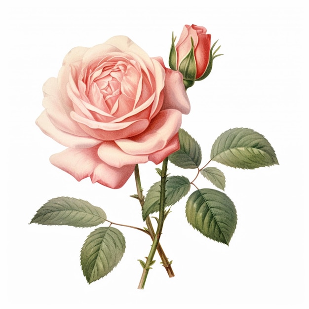 Es gibt eine rosa Rose mit grünen Blättern auf einem generativen Stiel