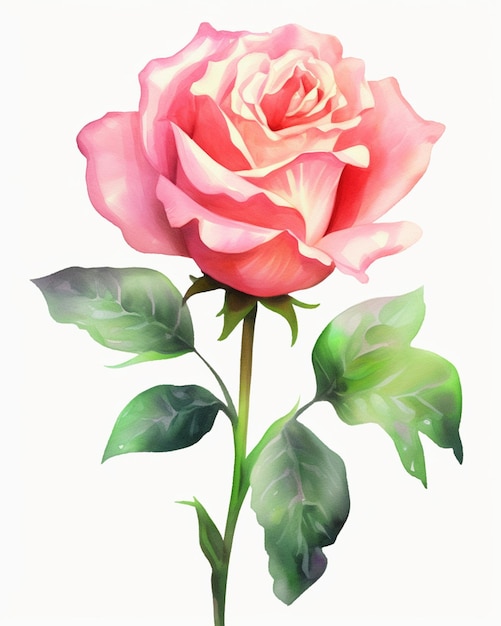 Es gibt eine rosa Rose mit grünen Blättern auf einem generativen Stiel