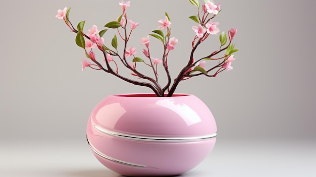 Es gibt eine rosa Vase mit einer kleinen Pflanze darin.