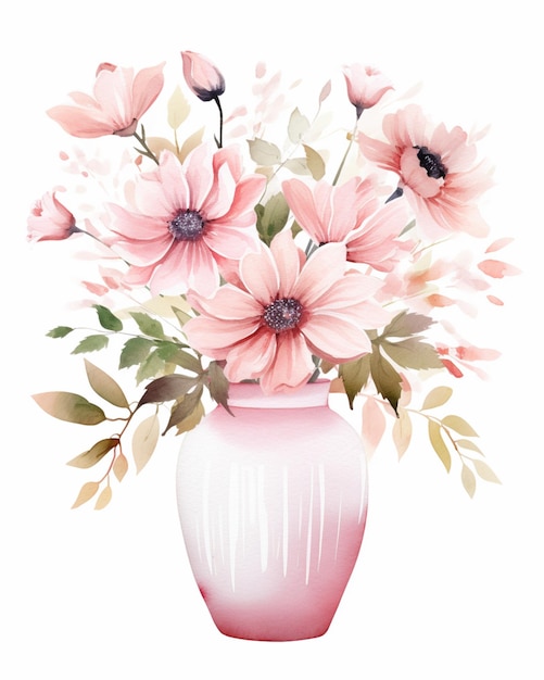 Es gibt eine rosa Vase mit rosa Blumen darin.