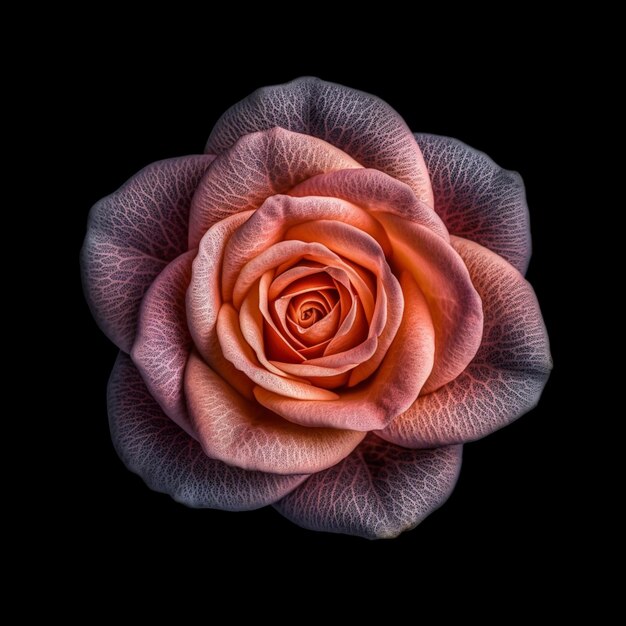 Es gibt eine Rose, die auf einer schwarzen Oberfläche sitzt.