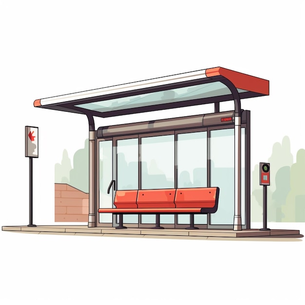 Es gibt eine rote Bank, die vor einer Bushaltestelle sitzt.