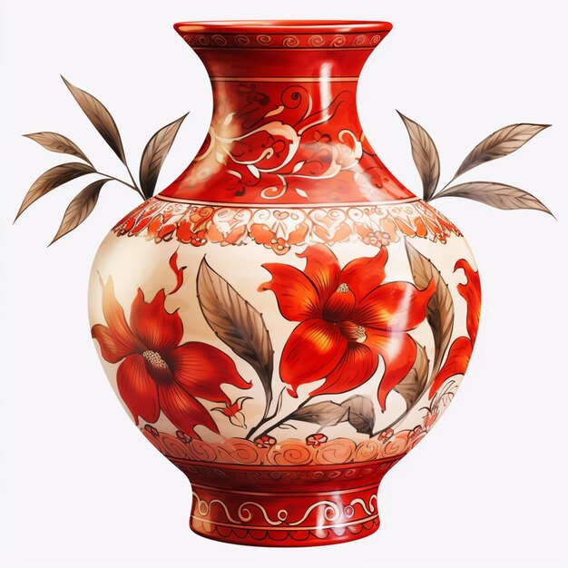 Es gibt eine rote Vase mit einem Blumenmuster darauf generative ai