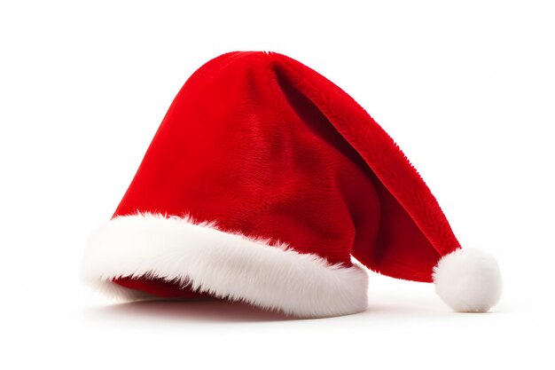 Es gibt eine rote Weihnachtsmütze mit weißem Besatz auf weißem Hintergrund. Generative KI