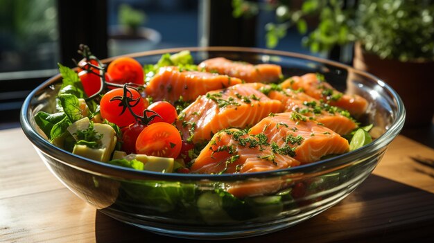 Es gibt eine Schüssel mit Lachs und Gemüse auf einem Tisch.