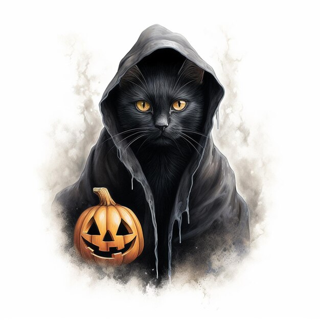 Foto es gibt eine schwarze katze, die ein hoodie und einen kürbis-generativ-ai trägt.