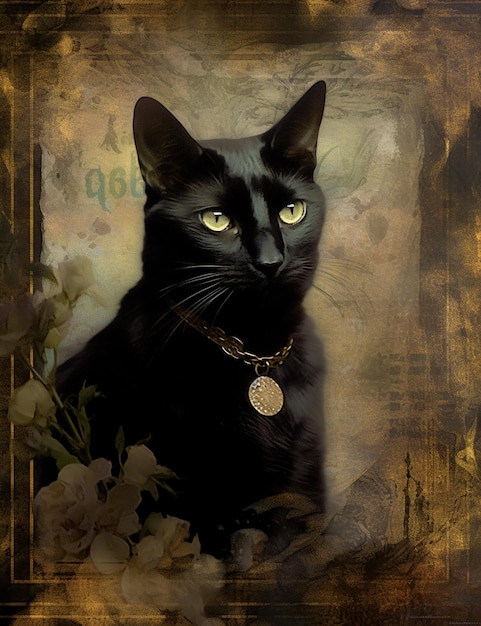 Es gibt eine schwarze Katze mit einem goldenen Halsband und einem goldenen Medaillon
