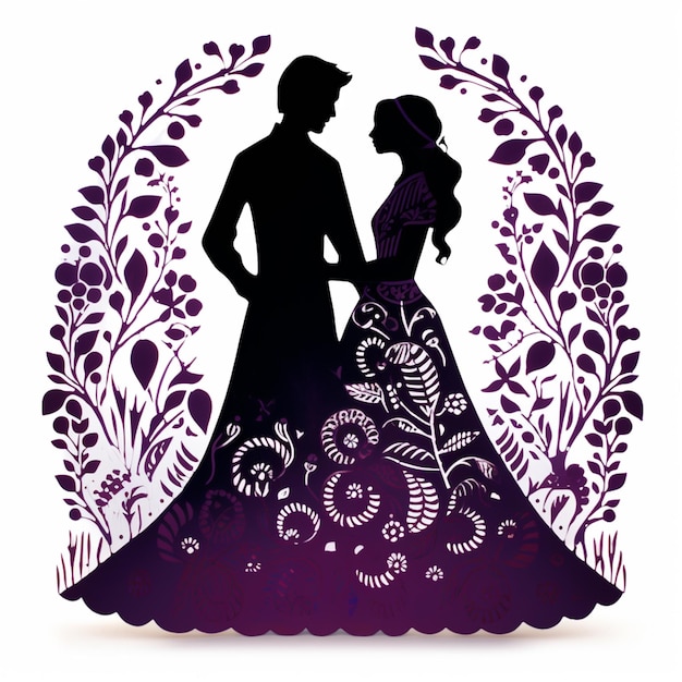 Es gibt eine Silhouette eines Mannes und einer Frau in einem Hochzeitskleid.