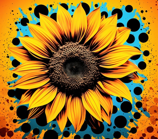 Foto es gibt eine sonnenblume mit einem blauen punktmuster darauf. generative ki