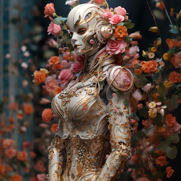 Es gibt eine Statue einer Frau mit einer Maske und Blumen generative ai