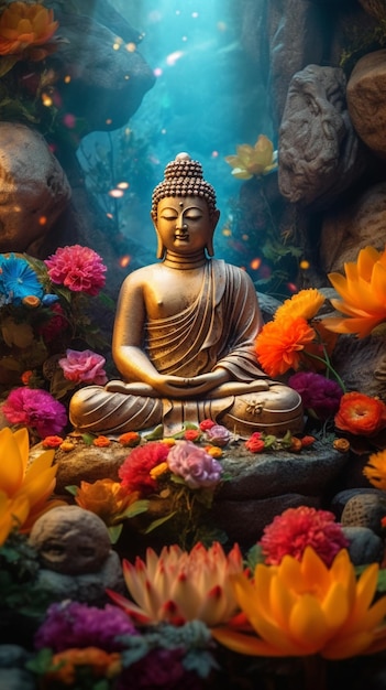 Es gibt eine Statue eines Buddha, der in einem Garten voller generativer Blumen sitzt