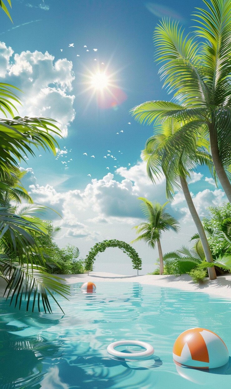 Es gibt eine Strandszene mit einem Pool und Palmen.