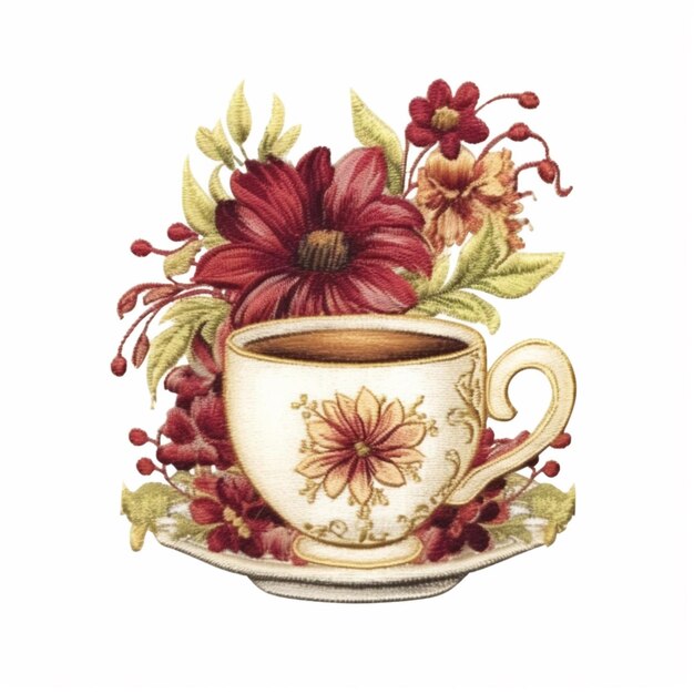 Es gibt eine Tasse Kaffee mit Blumen darauf generative KI