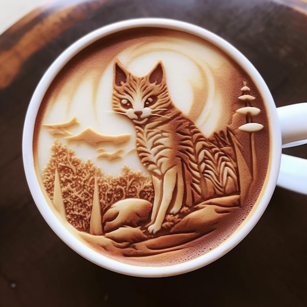 Es gibt eine Tasse Kaffee mit einer Katze darauf.