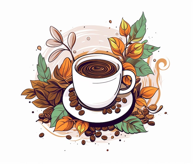 Es gibt eine Tasse Kaffee mit Kaffeebohnen und Blättern generative ai