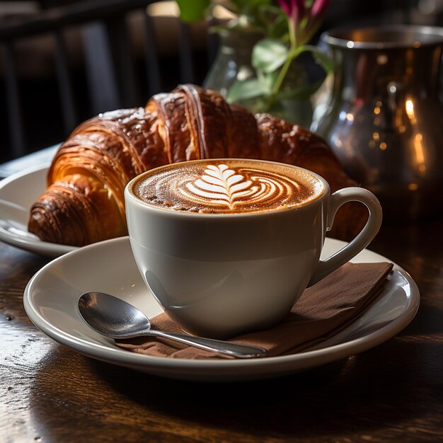 Es gibt eine Tasse Kaffee und einen Croissant auf einem Teller.