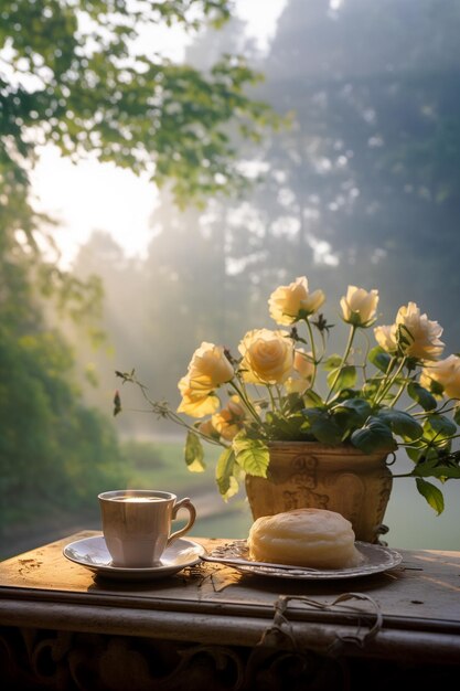 Foto es gibt eine tasse kaffee und einen teller mit essen auf einem tisch.