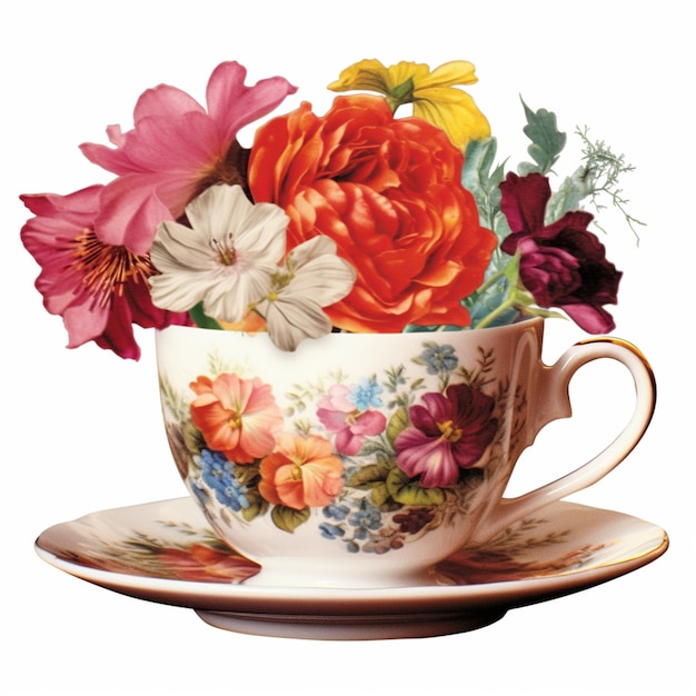 Es gibt eine Tasse mit Blumen darin auf einer Untertasse generative ai