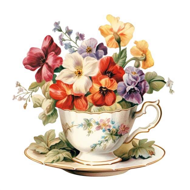 Foto es gibt eine tasse mit blumen darin auf einer untertasse generative ai