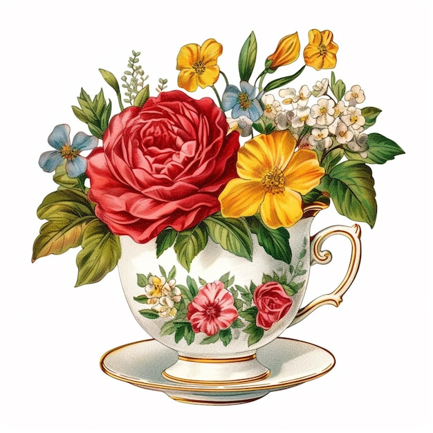 Es gibt eine Tasse mit Blumen darin auf einer Untertasse generative ai