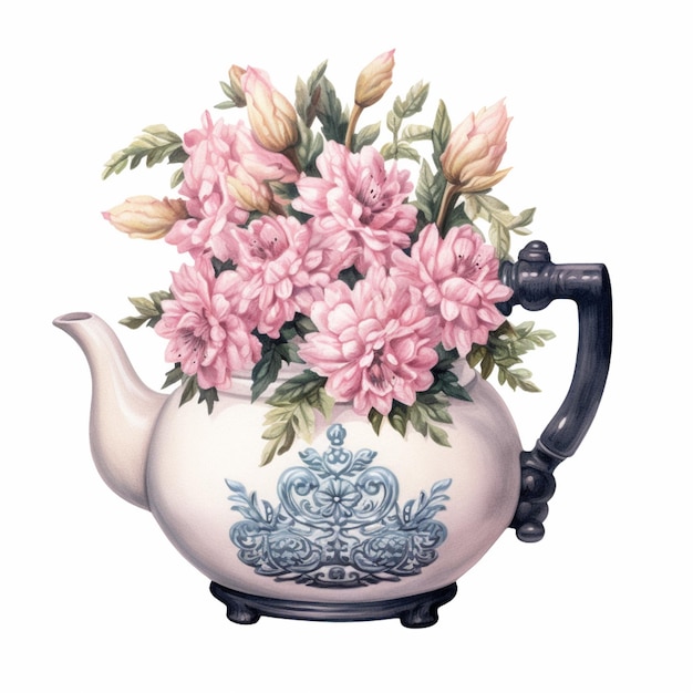 Es gibt eine Teekanne mit rosa Blumen darin, generative KI