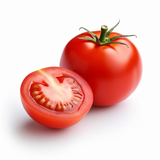 Es gibt eine Tomate und eine halbe Tomate auf einer weißen Oberfläche.