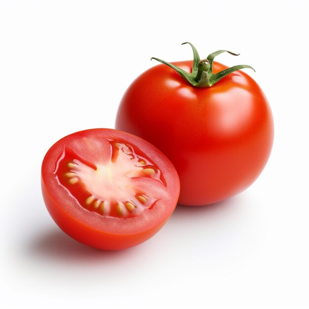 Es gibt eine Tomate und eine halbe Tomate auf einer weißen Oberfläche.