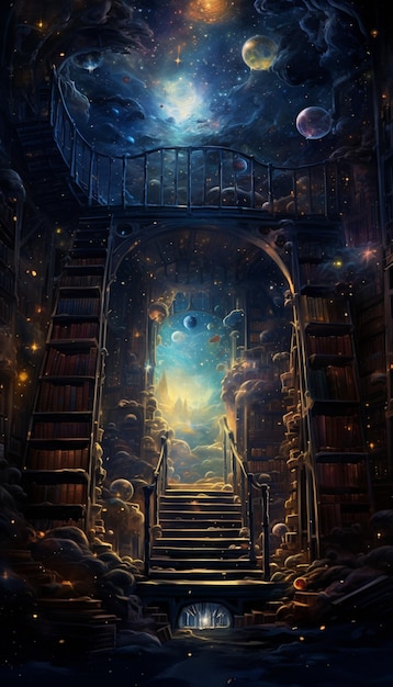 Es gibt eine Treppe, die zu einem Bücherregal führt, und eine Treppe, die zu einer Treppe führt.
