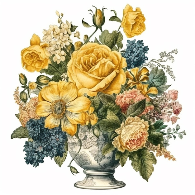 Es gibt eine Vase mit Blumen darin auf einem weißen Hintergrund