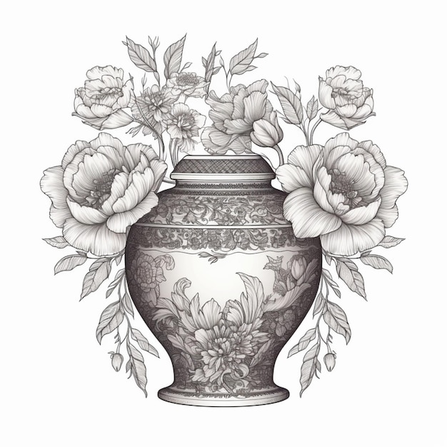 Es gibt eine Vase mit Blumen darin auf einem weißen Hintergrund
