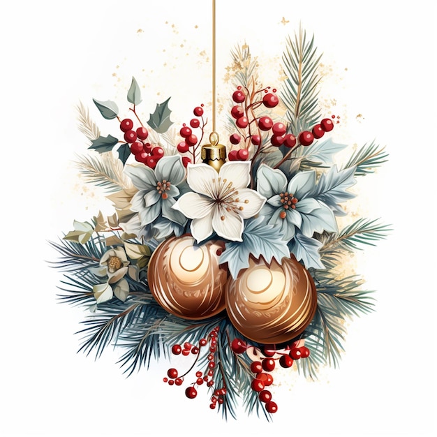 Es gibt eine Weihnachtsdekoration mit Goldornamenten und generativen Stechpalmenblättern