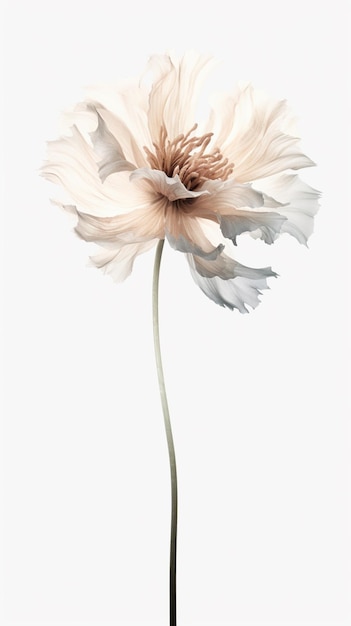 Es gibt eine weiße Blume, die in einer Vase auf einem Tisch steht. Generative KI