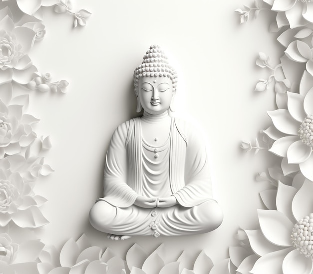 Es gibt eine weiße Buddha-Statue, die in einem generativen AI-Blumenrahmen sitzt