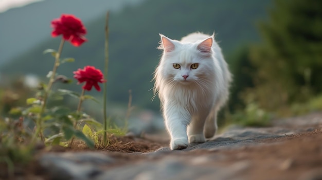 Es gibt eine weiße Katze, die auf einem Pfad mit Blumen geht