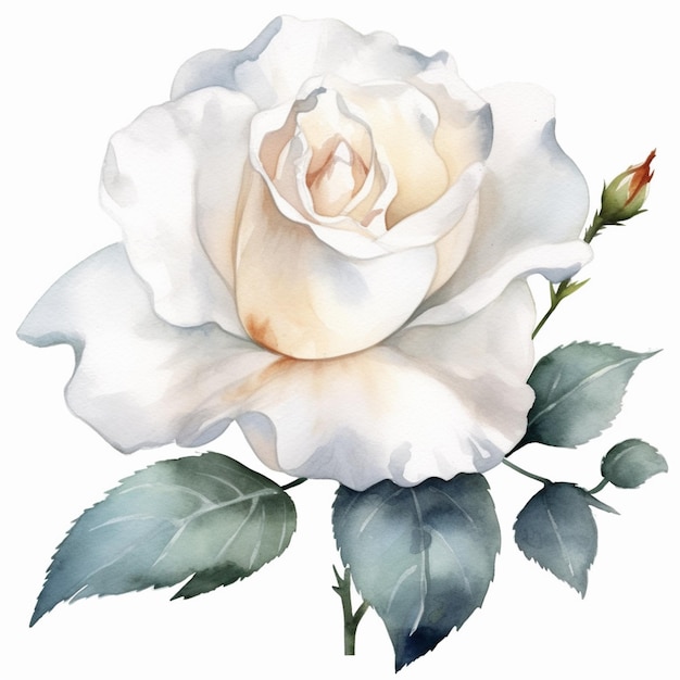 Es gibt eine weiße Rose mit grünen Blättern auf einem weißen Hintergrund.