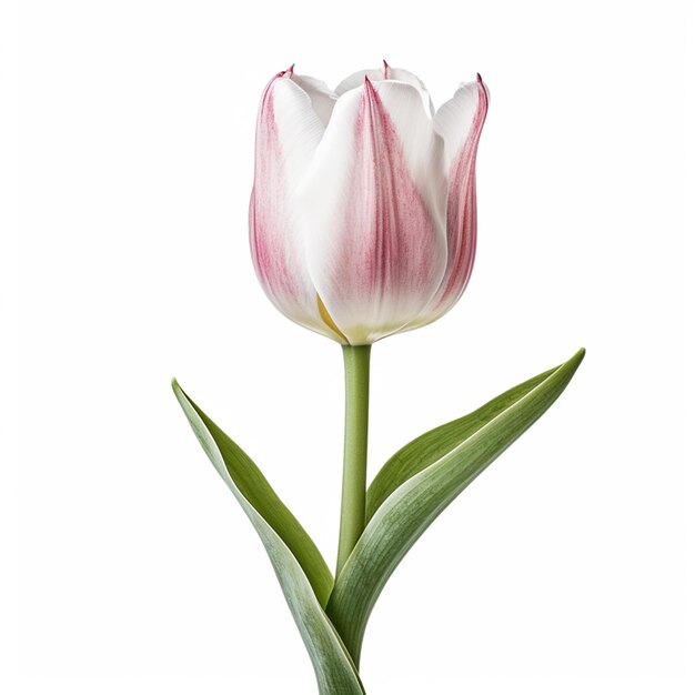Es gibt eine weiße und rosa Tulpe mit grünen Blättern.