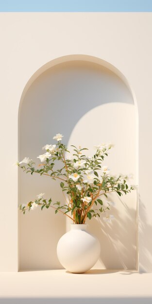 Es gibt eine weiße Vase mit einer Pflanze darin auf einem Felsvorsprung.