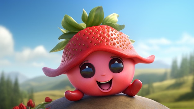 Foto es gibt eine zeichentrickfigur mit einer erdbeere auf einem fels.