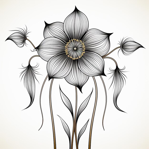 Es gibt eine Zeichnung einer Blume mit einem Stiel und generativen Blättern