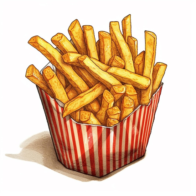 Foto es gibt eine zeichnung einer rot-weiß gestreiften tasse, die mit pommes frites gefüllt ist