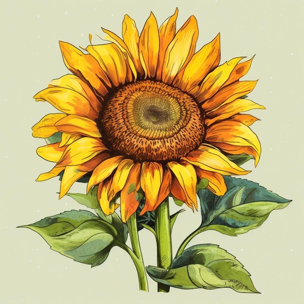 Es gibt eine Zeichnung einer Sonnenblume mit einem Stamm und generativen Blättern.